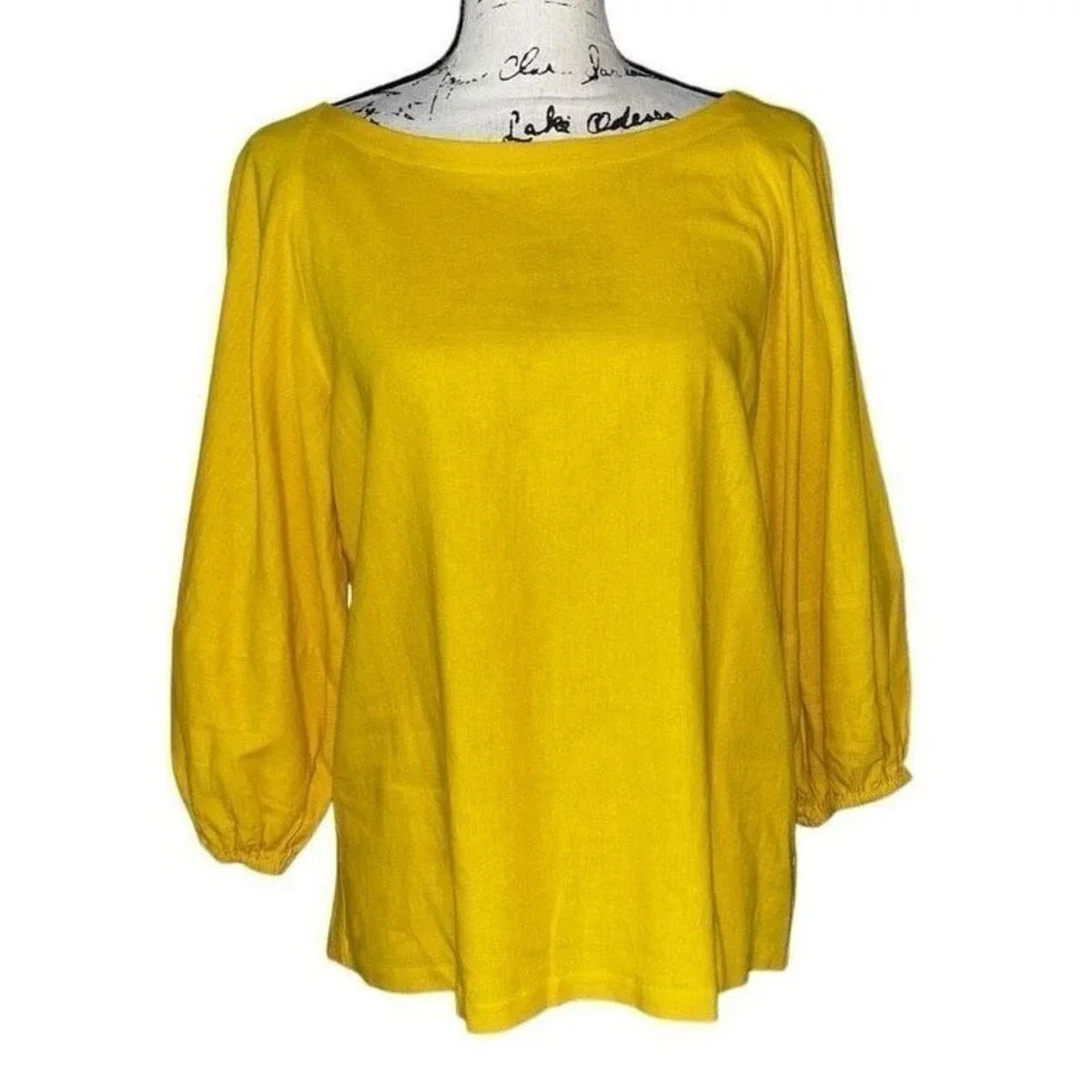 LOFT Mustard Yellow Linen Blend Balloon Sleeve Boat Neck V-Back Blouse‎ Small